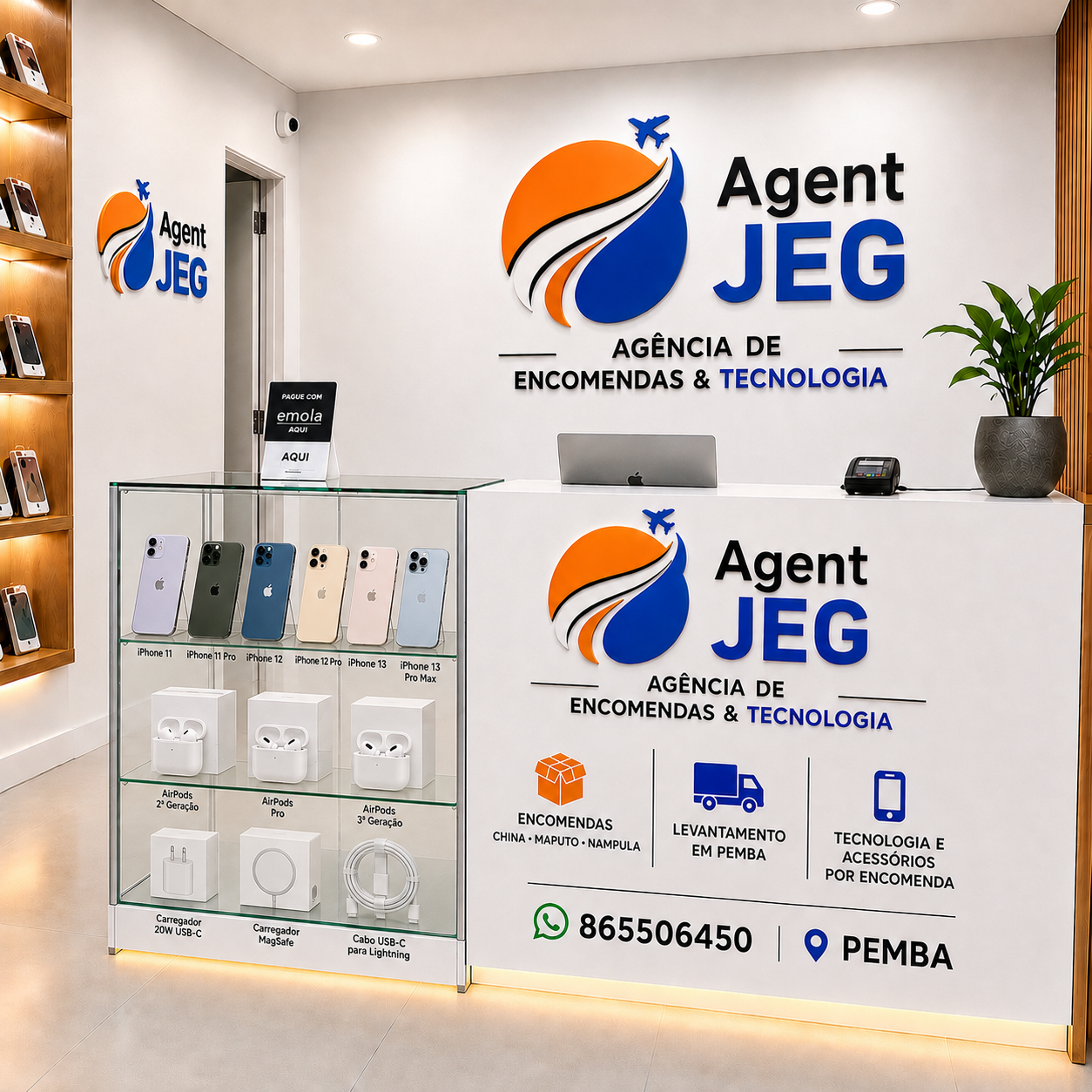 Balcão da Agent JEG em Pemba com iPhones, AirPods e acessórios