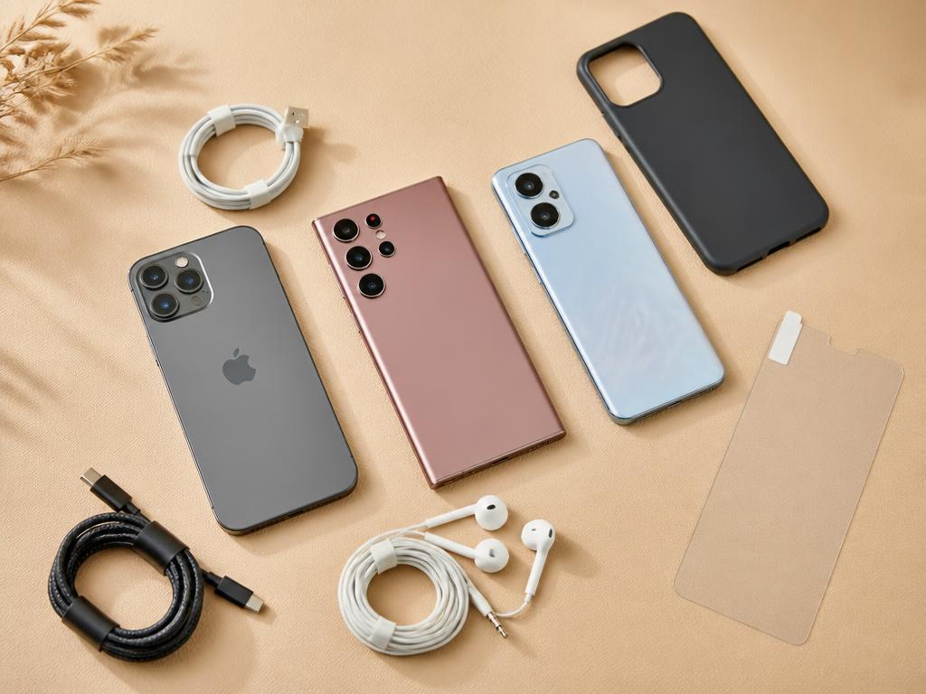 Smartphones iPhone, Samsung, Tecno, Infinix, Redmi e Huawei com acessórios